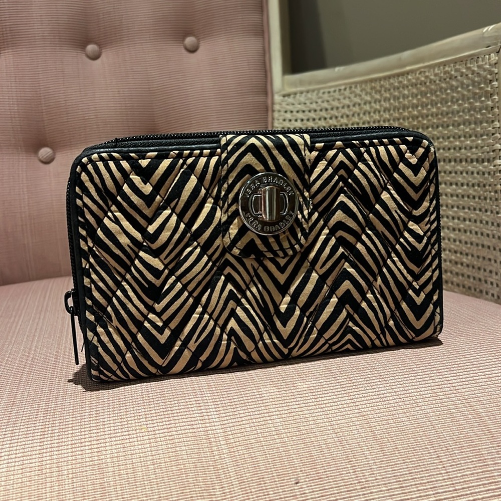 Vera Bradley Turnlock zip wallet zebra black and tan GUC